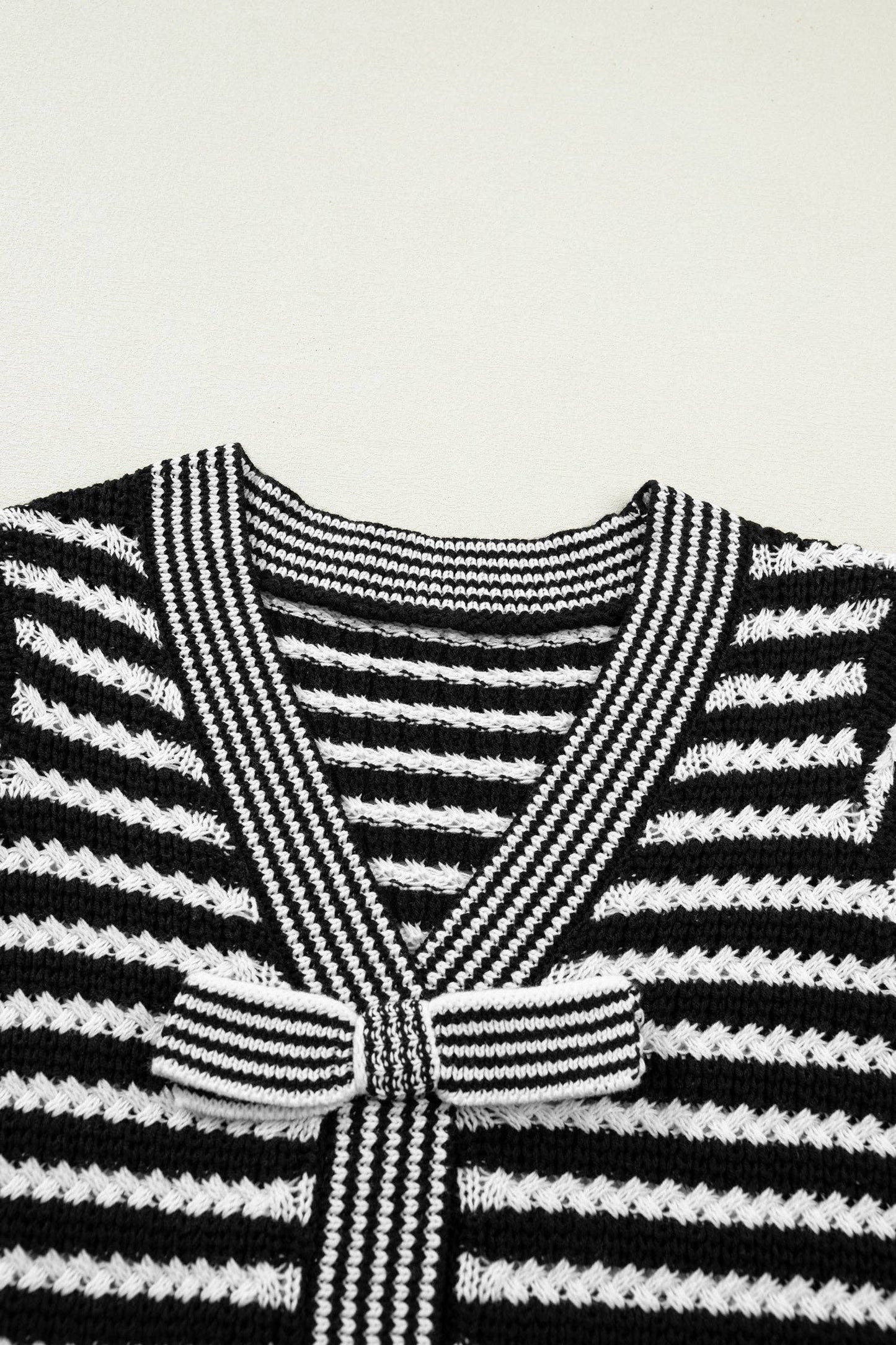 Stripe Short Sleeve Knit V Neck Bow Knot Sweater