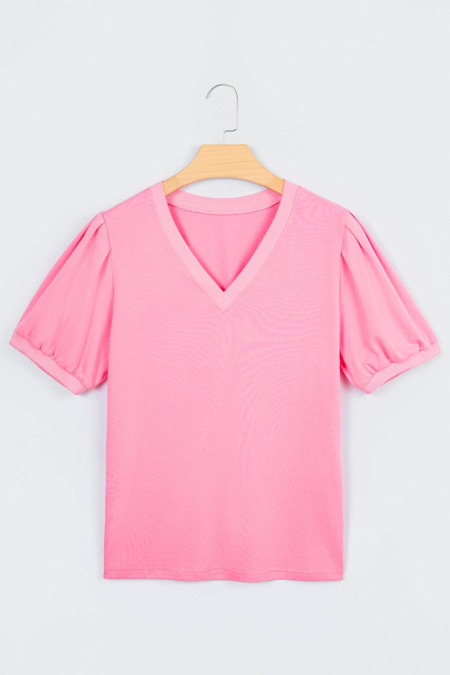 Bonbon Solid Color V Neck Short Puff Sleeve Blouse