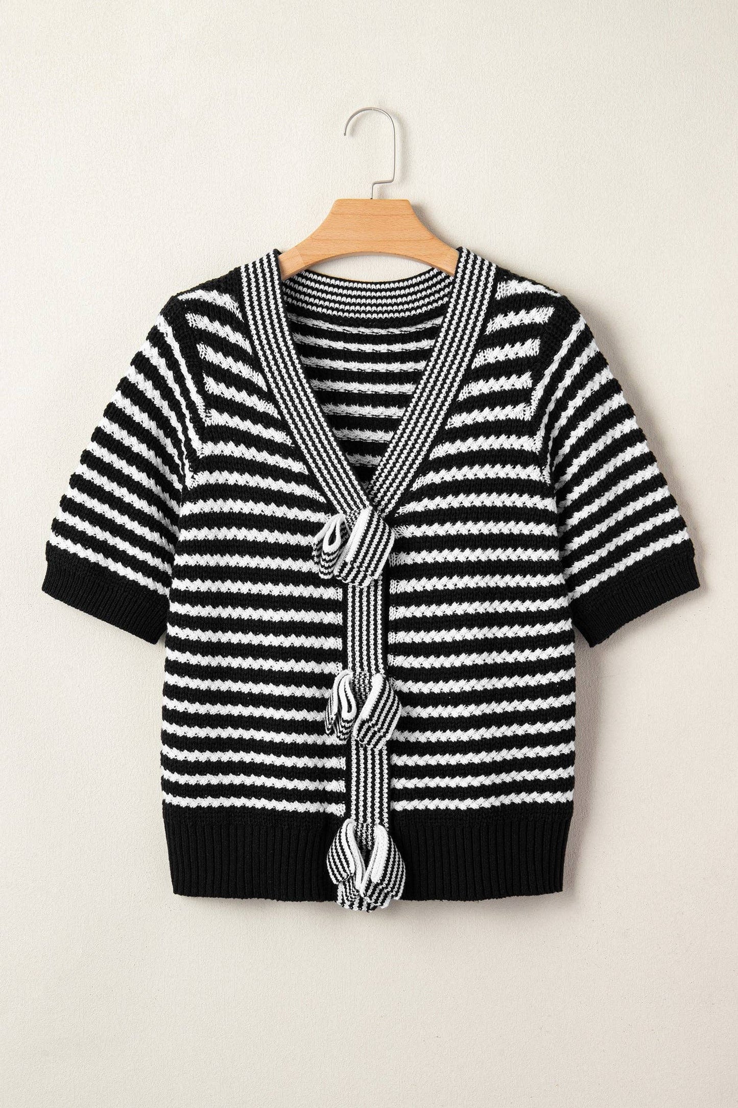 Stripe Short Sleeve Knit V Neck Bow Knot Sweater